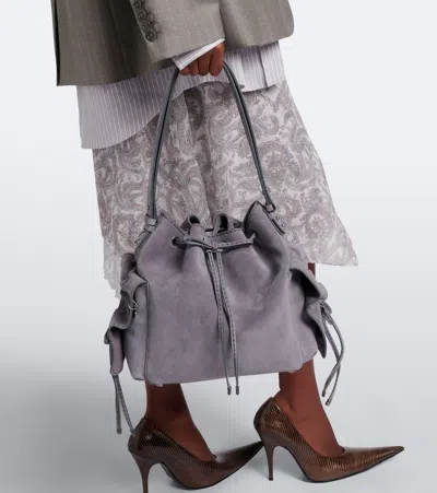 Acne Studios Multipocket Medium Suede Bucket Bag In Grey