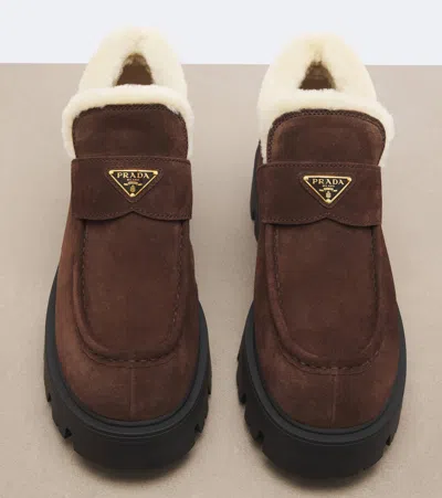 Prada Shearling-lined Suede Ankle Boots In Brown