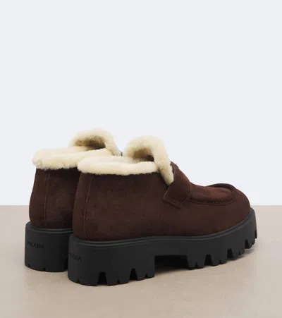 Prada Shearling-lined Suede Ankle Boots In Brown