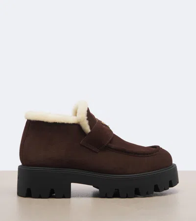 Prada Shearling-lined Suede Ankle Boots In Brown