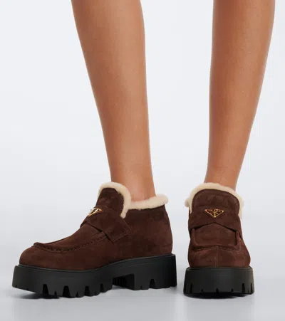 Prada Shearling-lined Suede Ankle Boots In Brown