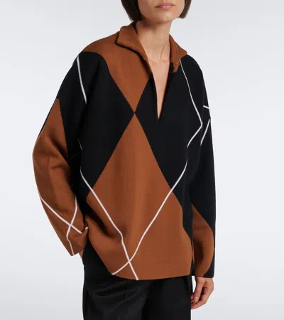 Max Mara Argyle Virgin Wool Sweater In Brown