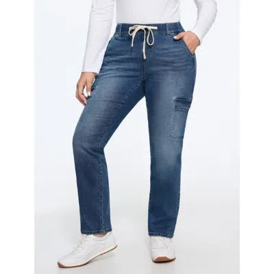 Bloomchic Stretch Drawstring Waist Patch Pockets Jeans In Blue