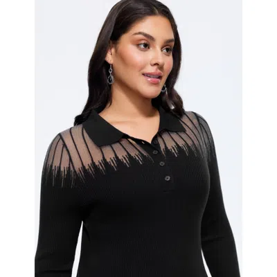 Bloomchic Supersoft Polo Collar Gradient Glitter Mesh Pullover In Black