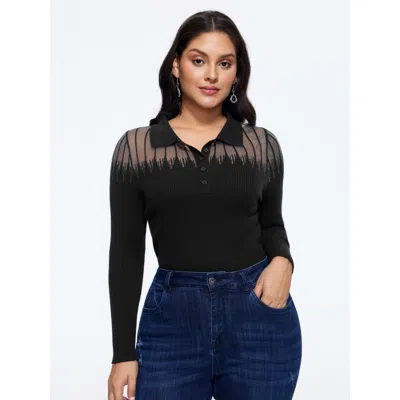 Bloomchic Supersoft Polo Collar Gradient Glitter Mesh Pullover In Black