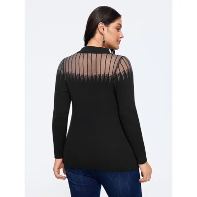 Bloomchic Supersoft Polo Collar Gradient Glitter Mesh Pullover In Black