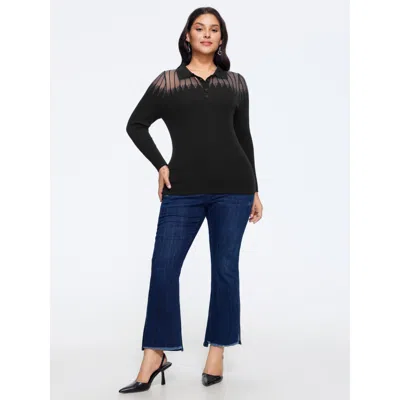 Bloomchic Supersoft Polo Collar Gradient Glitter Mesh Pullover In Black