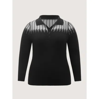 Bloomchic Supersoft Polo Collar Gradient Glitter Mesh Pullover In Black
