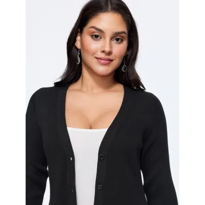 Bloomchic Solid V‑neck Button Front Cardigan In Black
