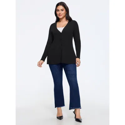 Bloomchic Solid V‑neck Button Front Cardigan In Black