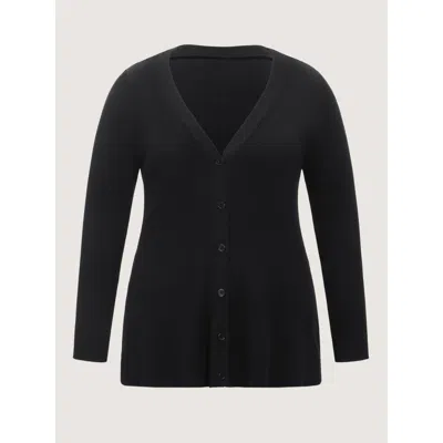 Bloomchic Solid V‑neck Button Front Cardigan In Black