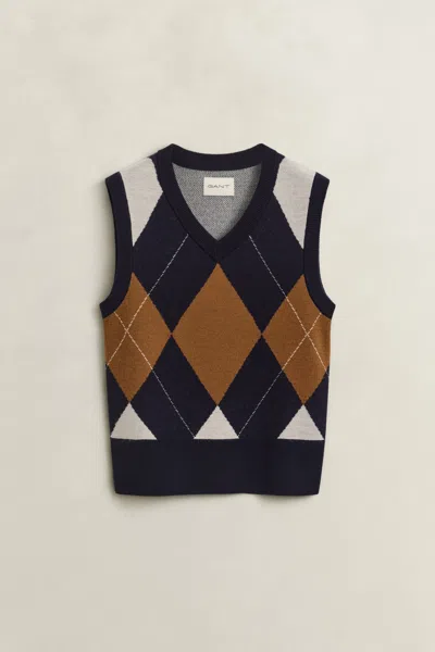 Gant Knitted Wool Argyle Vest In Multi