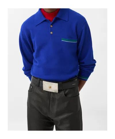 Versace Pull Polo En Maille De Laine Jacquard In Blue
