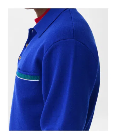 Versace Pull Polo En Maille De Laine Jacquard In Blue