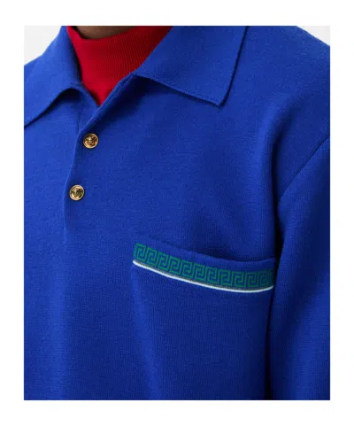 Versace Pull Polo En Maille De Laine Jacquard In Blue