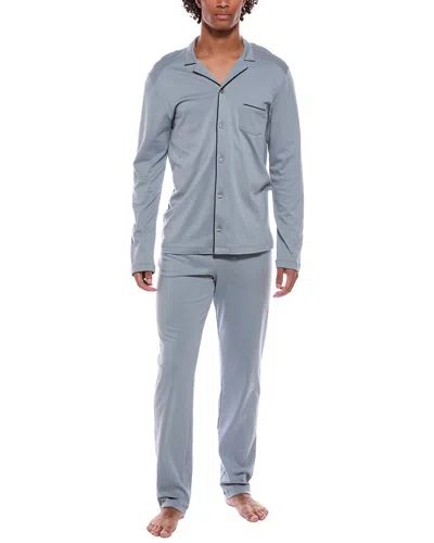Hanro Night And Day Button Front Cotton Pajama Set In Blue