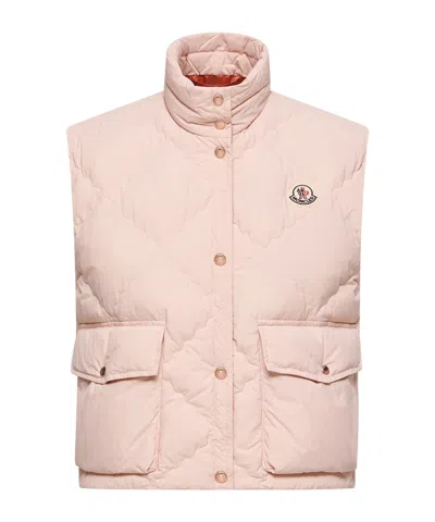 Moncler Biois Down Gilet Stand Collar Zigzag Quilted Technical Fabric In Nude