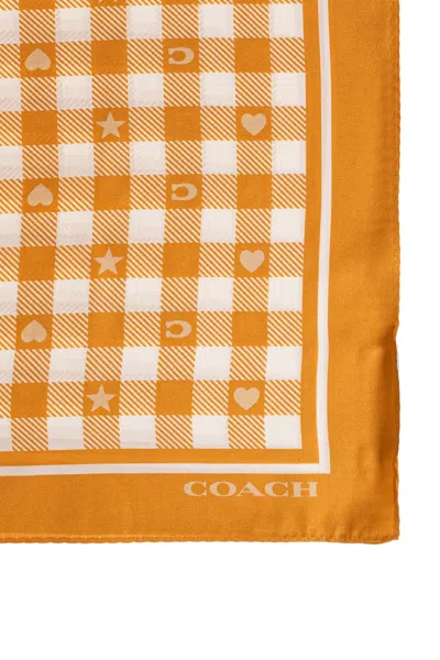 Coach Gingham-print Logo-print Scarf In Orange