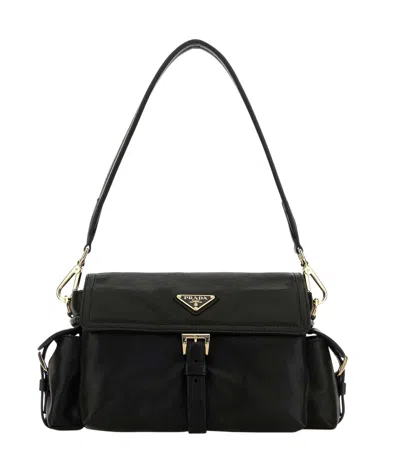 Prada Explore Nappa Leather Shoulder Bag Buckle Hardware In Black