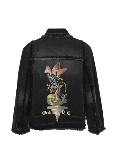 Ordinary Couture Code Graphic-print Frayed Denim Jacket In Schwarz