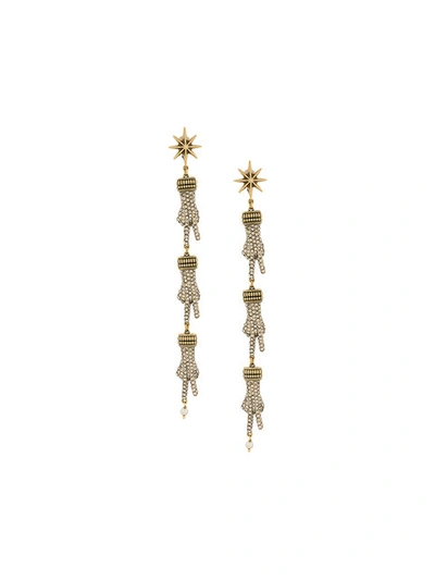 Gucci Crystal-embellished Hand Drop Earrings In Aged Gold Finish