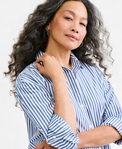 Style & Co Women's Roll-tab Button-front Shirt, Created For Macy's In Blue