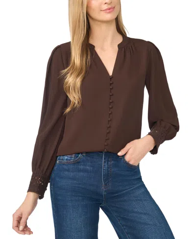 Cece Lace Cuffed Button-front Top In Brown