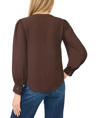 Cece Lace Cuffed Button-front Top In Brown