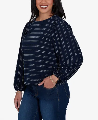 Ruby Rd. Petite Long-sleeve Dobby-stripe Crewneck Blouse In Blue