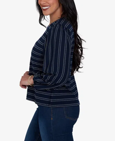 Ruby Rd. Petite Long-sleeve Dobby-stripe Crewneck Blouse In Blue