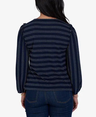 Ruby Rd. Petite Long-sleeve Dobby-stripe Crewneck Blouse In Blue