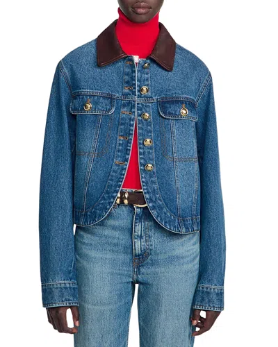 Sandro Leather-collar Button-up Denim Jacket In Blue