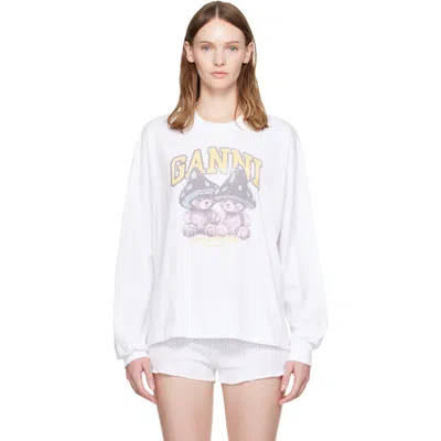 Ganni Basic Cotton Long-sleeve T-shirt With Teddy Mushroom Print In White