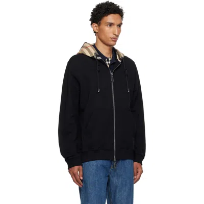 Burberry Cotton Check Pattern Drawstring Hooded Sweater With Front Zip In Black