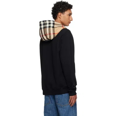 Burberry Cotton Check Pattern Drawstring Hooded Sweater With Front Zip In Black