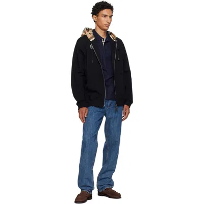 Burberry Cotton Check Pattern Drawstring Hooded Sweater With Front Zip In Black