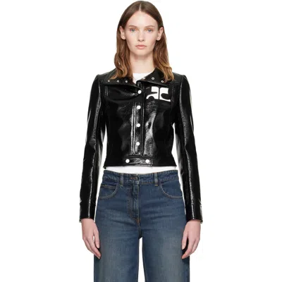 Courrèges Stretch Cotton Cropped Vinyl Jacket Reedition In Black
