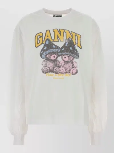 Ganni Basic Cotton Long-sleeve T-shirt With Teddy Mushroom Print In White
