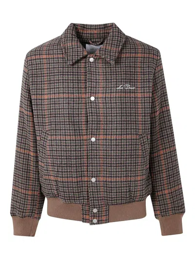 Les Deux Houndstooth Varsity Jacket Collared Ribbed Hem In Brown