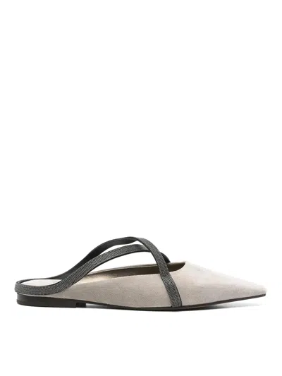 Brunello Cucinelli Square Pointed Ballet Flat With Cross Strap In Gold