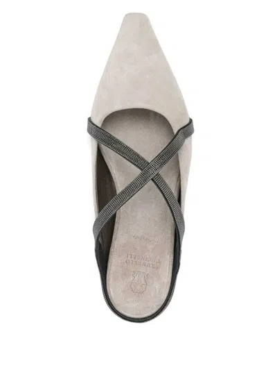Brunello Cucinelli Square Pointed Ballet Flat With Cross Strap In Gold