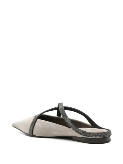 Brunello Cucinelli Square Pointed Ballet Flat With Cross Strap In Gold