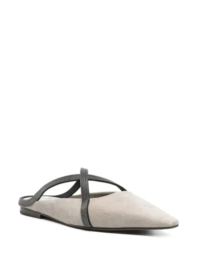 Brunello Cucinelli Square Pointed Ballet Flat With Cross Strap In Gold