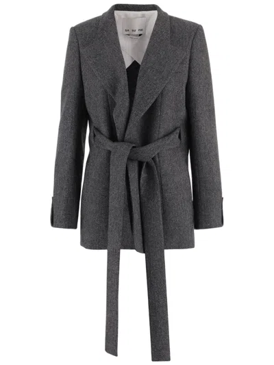 Sa Su Phi Herringbone-pattern Belted Jacket In Gray