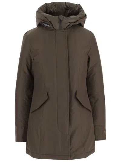 Woolrich Pinecone Hooded Logo Detail Cotton-blend Jacket In Gray