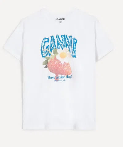 Ganni Womens Bright White Jersey Strawberry Printed Round-neck Cotton-jersey T-shirt In White