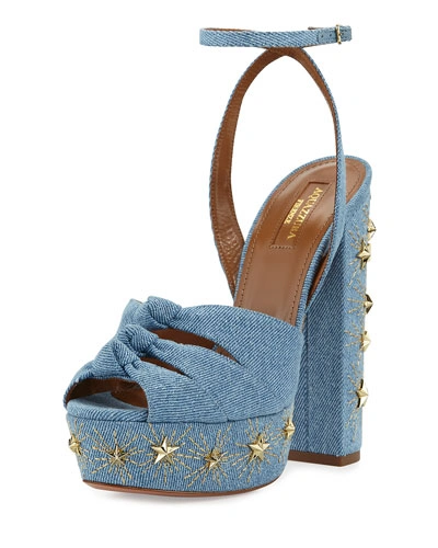 Aquazzura Mira Studded Denim Platform Sandal, Blue, Jeans Blue In Blue