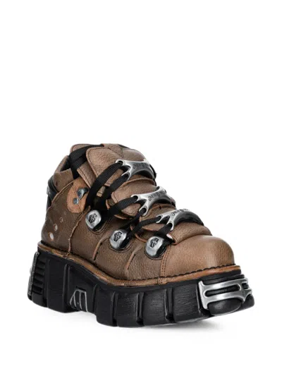 New Rock Logo-plaque Platform Boots In Brown