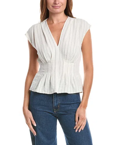 Max Studio Short Sleeve Pleat Front Linen-blend Blouse In White