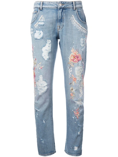 Amen Distressed Floral Jeans In Blue